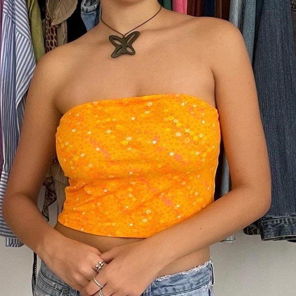 BP Orange Sequin Strapless Crop Top - Picture 1 of 3